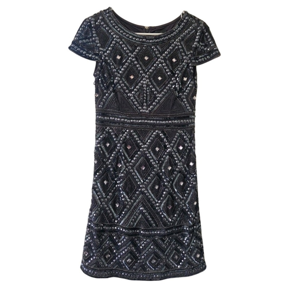 Adrianna Papell Beaded Sequin Mini Dress Gunmetal Grey Art Deco Cocktail Size 2